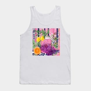 Grandmillennial pink and navy chinoiserie jar, bird and lemons Tank Top